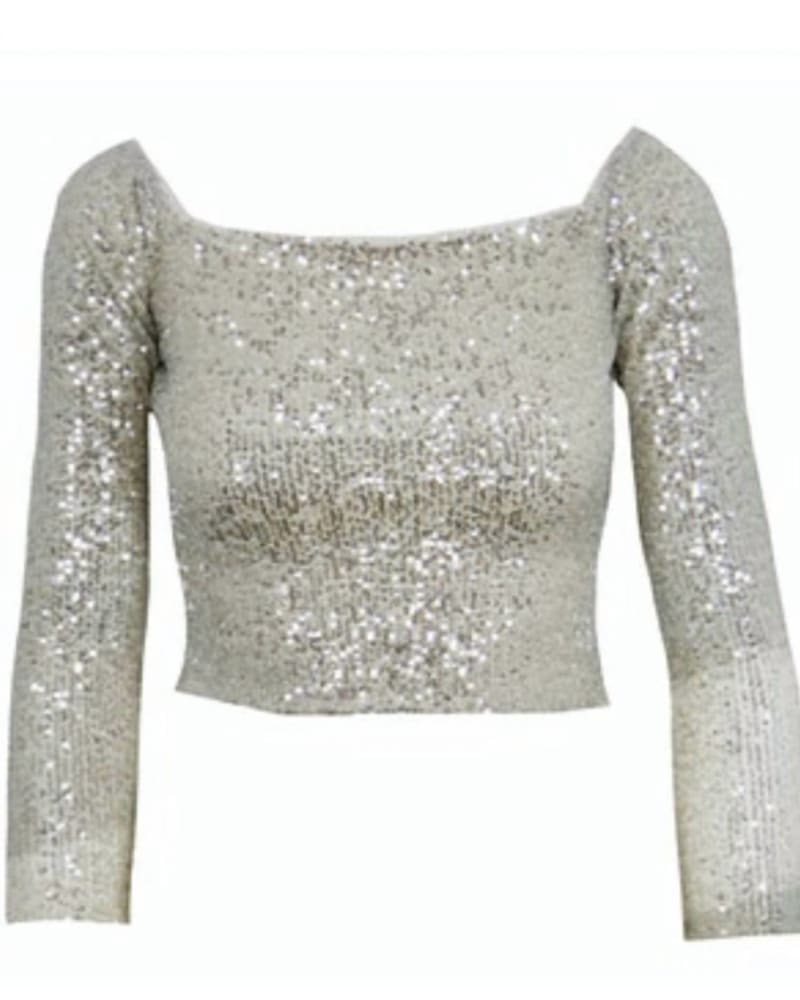 Front of a model wearing a size Large Sequin Top in Champagne in Champagne by Lucy Paris. | dia_product_style_image_id:346927